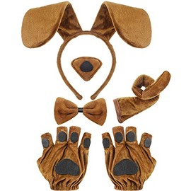 Syhood Set de Disfraz de Cachorro Orejas de Perro Diadema Pajarita Nariz Cola Disfraz de Animal con Guantes de Pata de Cachorro para Carnival (Marrón Claro)