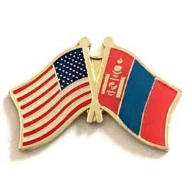World Flags Direct National Country Flag & US Crossed Double Flag Lapel Pins, International & American Friendship Enamel Tie and Hat Pin Badge (Mongolia)