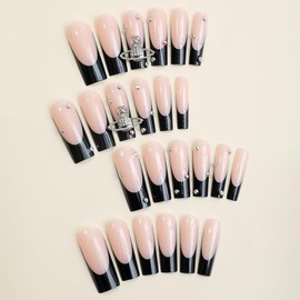 Black French Tip Press on Nails Square Coffin Fake Nails with Glue,Reusable&Natural Y2k Nails Press on Acrylic Nails Gems Planet Star False Nails Full Cover Nails for Women Gift,Gel Nail Kit 24Pcs