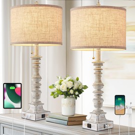Set of 2 Farmhouse Table Lamps for Living Room, 29.5" Inch Tall Rustic Bedrooms Nightstand Table Lamp with USB-C & USB-A Charging + AC Outlet, Pull Chain Bedside Lamp for End Table, Antique White