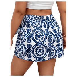 Milumia Women's Plus Size Allover Print Wrap High Waisted Knot Side Boho Mini Skirts Blue 3X-Large Plus