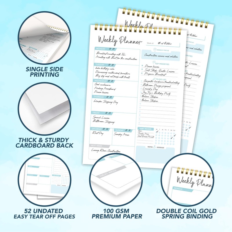 Decorably 52 Sheets Blue Undated Weekly Planner Notepad Small -