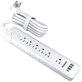 Sharp Power Strip With 6 Surge Protected Outlets and 4 Fast Charge USB Outlets (3 USB-A and 1 Type-C), Flat Wall-Hugger Plug and 5 ft. Cord, White