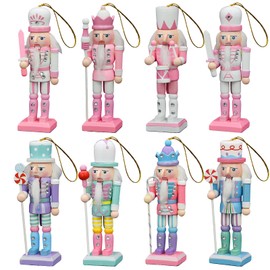 Christmas Nutcracker Ornaments Set, 8 Piece Nutcracker Christmas Decorations, Pink & Pastel 5-Inch Tall, Handcrafted Wooden Nutcracker Soldier, Hangable on Xmas Tree or Tabletop Decor (Pink & Pastel)