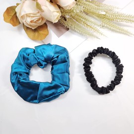 Pure Mulberry Silk Scrunchies Hair Accessories Hair Ties Elastic Satin Hair Band for Breakage Prevention (Large Silk Peacock Blue+Small Silk Black)