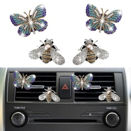 4PCS Bling Butterfly Car Air Fresheners Vent Clips, Crystal Rhinestone Bee Car Diffuser Air Conditioning Outlet Perfume Clips, Cute Car Interior Decor Accessories for Women Girls (Bee&Butterfly)