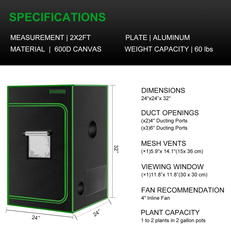 MELONFARM 2x2 Grow Tent, 24"x24"x36'' High Reflective 600D Diamond Mylar