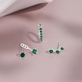 Silver Green Earrings for Women, Emerald Green Stud Earrings Set, May Birthstone Huggie Hoop Jacket Earring Stack for Multiple Piercing Trendy Jewelry Gifts