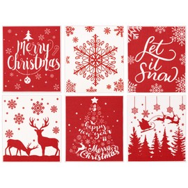 Whaline 6Pcs Christmas Swedish Dishcloths Red White Xmas Tree Snowflake Reindeer Kitchen Dish Towel Reusable for Christmas Winter New Year Baking Cooking, 6.7 x 7.7Inch