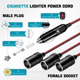 Car cigarette Lighter Splitter, ROÉKO1 to 3 DC 12V 24V Plug Adapter, 3 Socket with Indicator Light, 15.7 Inches Cigarette Lighter Extension Cord with 20A Fuses Compatible cars