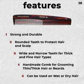Speert #28 Handmade Wide Narrow Tooth Comb Tortoise Havana Acetate Thick Coarse Curly Thin Fine Straight Hair Detangling Parting Grooming Teasing Hair Styling Hairdresser Barber Hairdressing Wet Dry