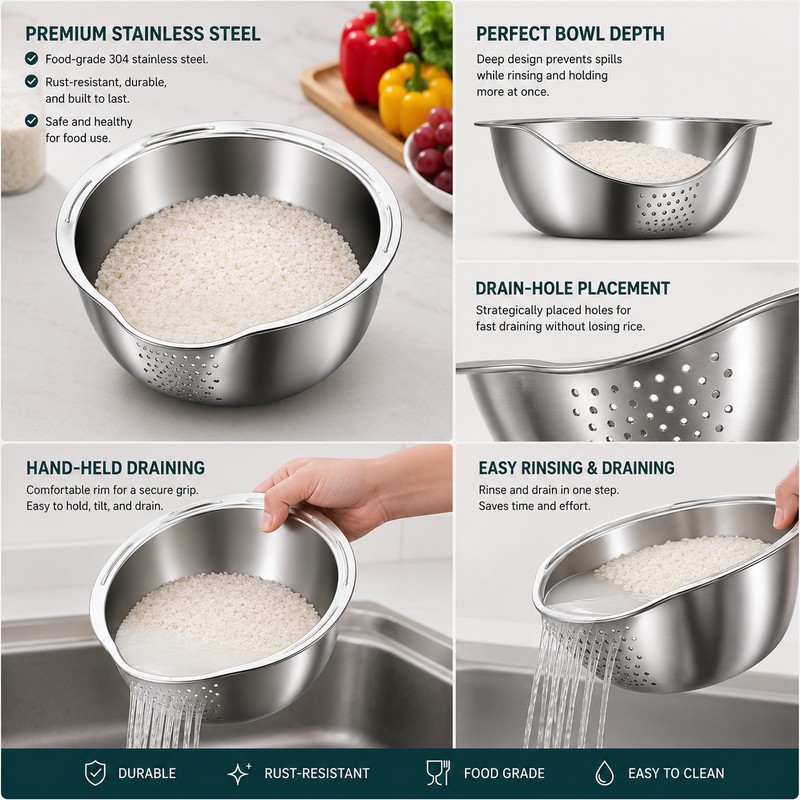 Stainless Steel Rice Washing Bowl for Kitchen Prep – 2-in-1