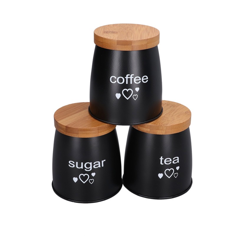 3Pcs Coffee Tea Sugar Container Set Bamboo Lid Durable Iron