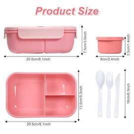 Mooisco Lunch Box for Adults, 1250ML Lunchable Container with 3 Leakproof Compartments, 60ML Sauce Container, Cutlery Set Included, Microwave and Dishwasher Safe,Ideal for Work Travel Camping,Pink