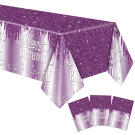 Xiliconie 3 PCS Happy Birthday Tablecloths Purple Silver Theme Birthday Disposable Party Decorations Purple Table Cloths for Bridal Shower Engagement Wedding Party Supplies