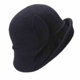 Lawliet Womens Vintage Style Floral Asymmetrical Upturn Brim Cloche Wool Soft Bucket Winter Church Wedding Hat (Black)