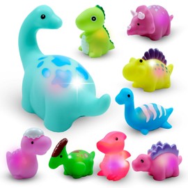 UNITSLYZ 9PCS Light Up Bath Toys for Baby, Toddler Colourful LED Bath Toys, Bathtime Floating Rubber Shower Toy for Baby, Swimming Pool Party Birthday Gifts for Infant Boy Girl (Dinosaur)
