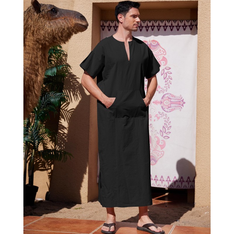 YAOHUOLE Men's V-Neck Kaftan with Side Split, Short Sleeve Cotton