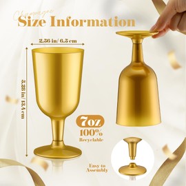 Jingmore 96 Pcs Plastic Wine Glasses 7 oz Disposable Party Wine Cups with Stem Plastic Drinking Glasses Goblet for Wedding Birthday Party Supplies Picnic Toasting Cocktails BBQ(Gold)