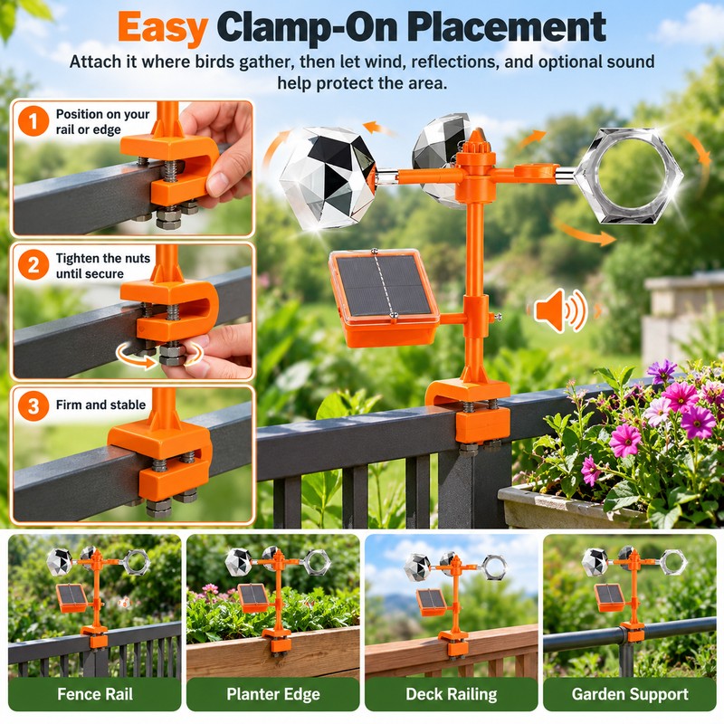 Solar Bird Repeller for Gardens – 3-in-1 Motion, Reflective Flash