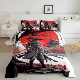 Feelyou Japanese Comforter Set Twin Size Samurai Comforter for Boys Girls Teens Sunset Bedding Set Traditional Retro Theme Duvet Set Room Decor Black Red White Quilt Set