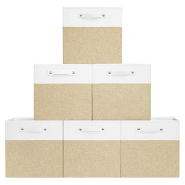 VQRTEXA 13 x 13 Inch Fabric Storage Cubes, 6 Pack Storage Basket with Handles, Cubic Fabric Storage Bins Foldable Storage Boxes for Home, Toys Organizer Shelf Basket for Cloth（White/Khaki）