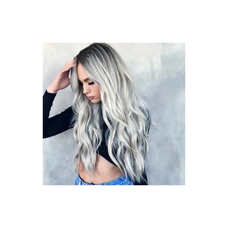 Peluca Larga De Mujer Color Gris Degradado Pelo Ola Natural