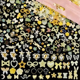 620pcs Mixed 3D Nail Charms Kit, 12pcs Luxury Metal Nail Rhinestones and 250pcs Resin Butterfly Flower Star Heart Bow Charms with 400pcs Flatback Pearls Rhinestone Metal Gems Charms (Yellow)