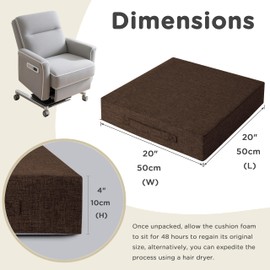 AddGrace Recliner Cushions for Elderly Thick Seat Cushion 20"x20"x4" Chair Pads with Non Slip Backing and Washable Cover for Couch Armchair Chairs Coffee