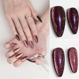Handmade Press-on Medium Long Almond Black Pink Purple Magnet Solid Color Minimalist Design Fashion False Nail Tips 10 Pcs Set (#258 XS)
