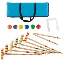 6-Player Croquet Set - Outdoor Games with Wood Mallets, Balls, Posts, Wickets, and Carry Case - Vintage Yard Games for The Whole Family by Hey Play
