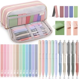 COZCLAM 32pcs Aesthetic Stationery Supplies with Pink Pen Case, 12 Pastel Highlighters, 6 Colour Pens, 5 Black Pens, 5 Magnetic Bookmarks and 3 Sticky Notes Stationery Set for Students School Supplies