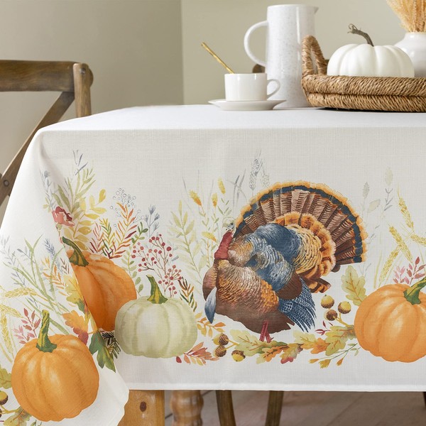 Benson Mills Autumn Printed Fabric Table Cloth, Fall, Harvest and Thanksgiving Tablecloth (Thankful Turkey, 60" X 84" Rectangular)