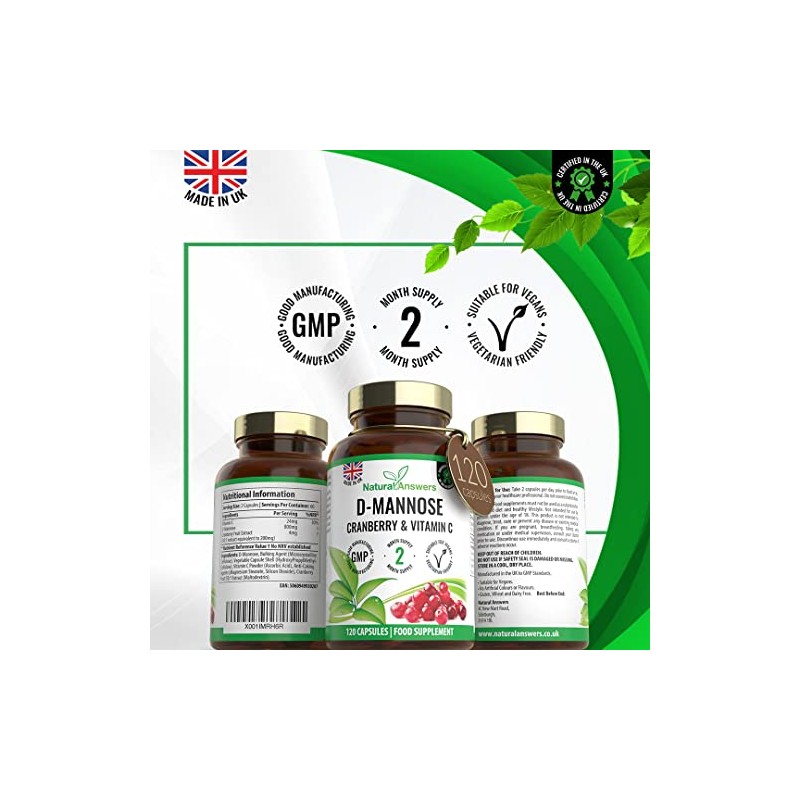 120 D-Mannose Capsules with Vitamin C and Cranberry Extract -