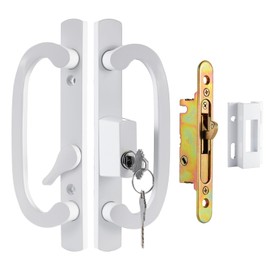 Zinkitool Keyed Sliding Patio Door Handleset, 45° Keyway, 3-15/16" H.C., Fits 1-3/8" to 2" Thick Doors, Non-Handed, White Diecast, Offset Position with Mortise Lock and Keeper｜Off Center Thumb Latch