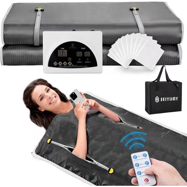 SEIYIJAY Infrared Sauna Blanket, Upgraded Large Size Sauna Blanket for Detox, Home Sauna with Remote, Including 40 Pieces Plastic Sheeting for Body Wrap (Black)