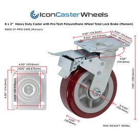 ICONCASTERWHEELS 6" x 2" PRO Heavy Duty Industrial Casters, Top Plate 4" x 4.5", Maroon, 4 Swivel w/Total Lock Brake, Non-Marking Pro-Tech Polyurethane Wheel, Max. Load 3600 lbs. per Set (4-Pa