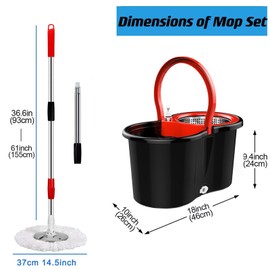 Spin Mop Bucket System, 360 Spin Mop & Bucket Floor Cleaning Stainless Steel Mop Bucket with 61" Extended Handle for Living Room, Bedroom, Kitchen, Office Black