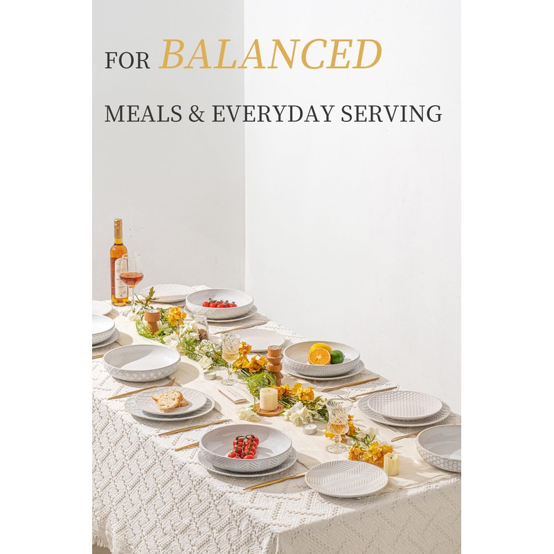 FOBENTA 18-Piece Embossed Ceramic Dinnerware Set–6 Dinner Plates,6 Salad Plates,6