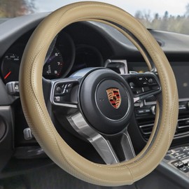 HAOKAY Top Grade Beige Genuine Leather Steering Wheel Cover Men Women, Luxury Steering Wheel Cover for Cars, SUVS and Trucks, Universal 14.5-15 inch