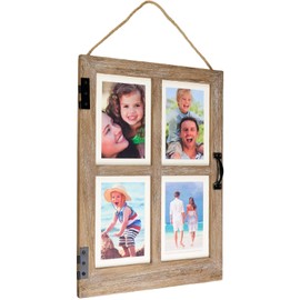 EXCELLO GLOBAL PRODUCTS Vintage Farmhouse Window Photo Frame: Rustic Hanging Distressed Wood Collage Picture Frame. Holds Four 4x6 or 5x7 Photos. Rustic Color