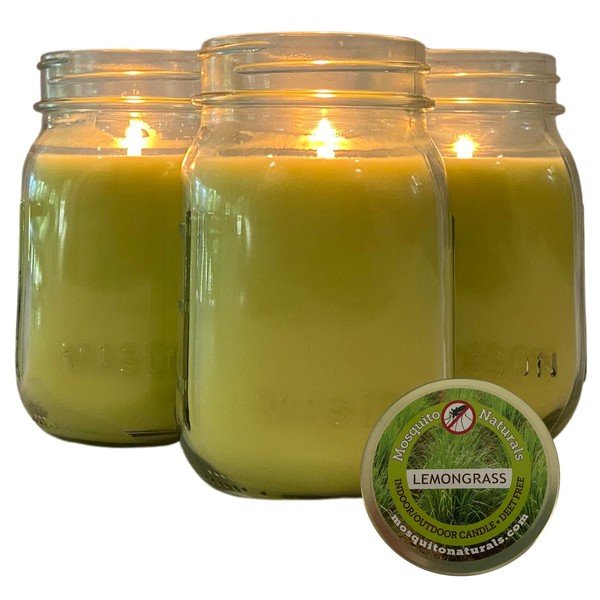 Mosquito Naturals Lemongrass Candles with Essential Oils (Set of 3) for Patio, Deck, Outdoor or Indoor Use - 88 Hour Burn - All Natural, Soy Base - Mason Jar with Lid, Made in USA (Lemongrass)