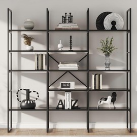 Jehiatek Large Bookshelf 5 Tiers, Triple Wide Geometric Bookcase, 71 Inches Tall Industrial Book Shelves Etagere Book Case, Sturdy Metal Frame, Freestanding Display Shelving Unit, Black