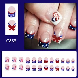 Independence Day Press on Nails Short Square Fake Nails Glitter American Flag with Heart Bow Dot Glitter Designs 4th of July False Nails Square Shape French Nails Patriotic Nails for Women 24Pcs