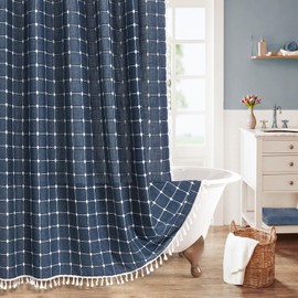 MitoVilla 72 x 84 Navy Blue Boho Extra Long Shower Curtain, Farmhouse 84 inch XL Polyester Linen Texture Tassel Fabric Shower Curtain Set with Hooks for Cottagecore Country Bathroom Decor