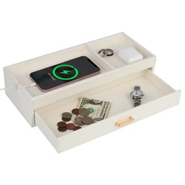 HofferRuffer Valet Jewelry Tray Organizer with Drawer, Faux Leather Storage Catchall Box Phone Charging Station Tray with Dresser Nightstand Desktop Drawer Organizer (White)