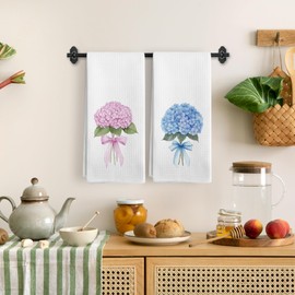 BitKAM Pink and Blue Hydrangea Kitchen Towels Set of 2, Preppy Aesthetic Floral Dish Tea Towels for Kitchen, Coquette Bow Hydrangea Flower Decorative Hand Towels for Bathroom, 16x24 Inches