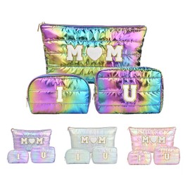 Hiroyuki Iridescent Quilted Makeup Bag, Extra Large Cosmetic Bag, Large Capacity Cute Makeup Pouch (ILOVEUMOM, Rainbow)