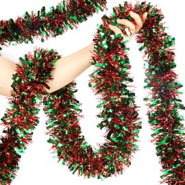 50FT Christmas Tinsel Garland - Metallic Twist Garland for Christmas Tree Decorations, Xmas Tree Decor for Home Indoor Outdoor Holiday Party Supplies (Green and Red)