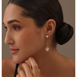 LeCalla 925 Sterling Silver 14K Gold Plated Simulated Pearl Studs with Mother of Pearl Heart Drop Dangle Earrings for Women Teen 50 MM